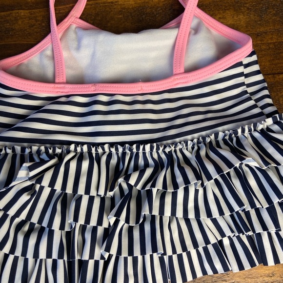 Kate Mack Striped Swimsuit with Bows 12M, Pink Straps, suit is White and Navy - Picture 5 of 7